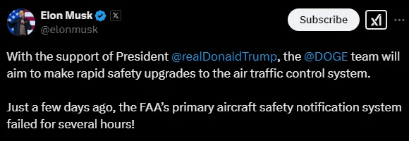 美航空事故频出，马斯克：将领导政府效率部对空中交通管制进行升级
