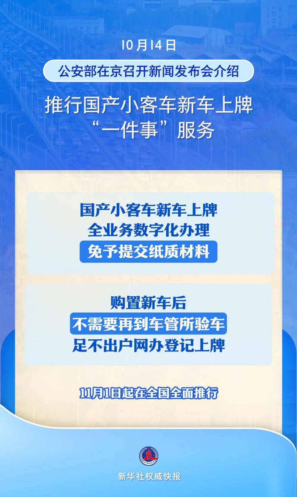 11月1日全面推行，国产小客车新车上牌不用再跑车管所